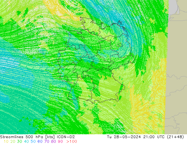 Streamlines 500 hPa ICON-D2 Tu 28.05.2024 21 UTC