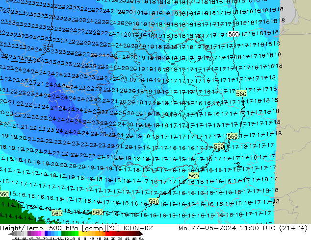 Height/Temp. 500 hPa ICON-D2 Mo 27.05.2024 21 UTC