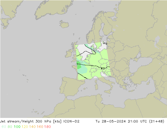 Jet stream/Height 300 hPa ICON-D2 Tu 28.05.2024 21 UTC