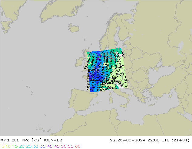 Wind 500 hPa ICON-D2 Su 26.05.2024 22 UTC