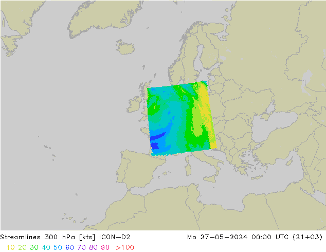 Línea de corriente 300 hPa ICON-D2 lun 27.05.2024 00 UTC