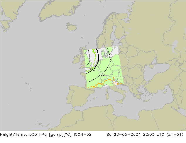 Hoogte/Temp. 500 hPa ICON-D2 zo 26.05.2024 22 UTC