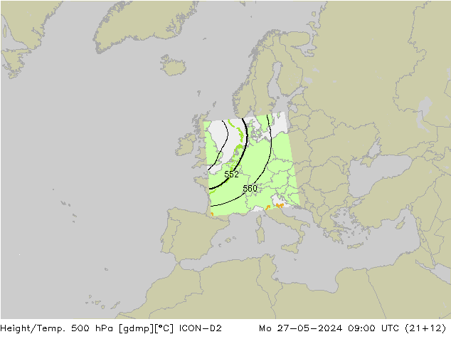 Height/Temp. 500 hPa ICON-D2 Mo 27.05.2024 09 UTC