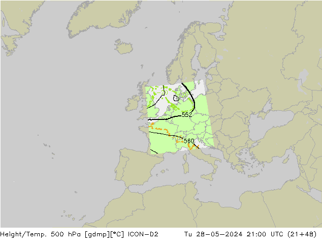 Height/Temp. 500 hPa ICON-D2 Út 28.05.2024 21 UTC