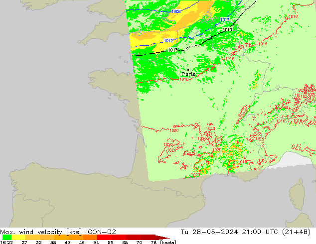 Max. wind velocity ICON-D2  28.05.2024 21 UTC