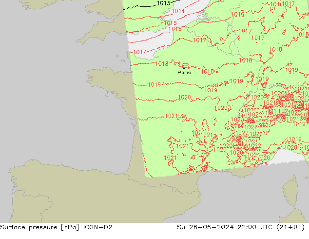 Atmosférický tlak ICON-D2 Ne 26.05.2024 22 UTC