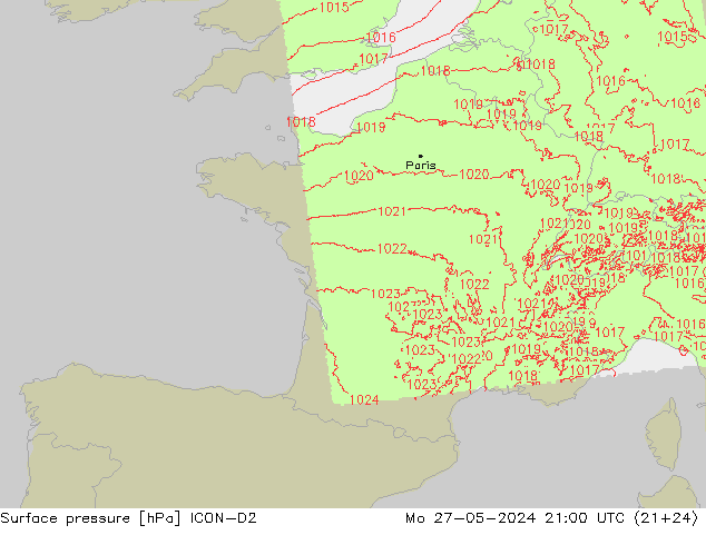 Atmosférický tlak ICON-D2 Po 27.05.2024 21 UTC