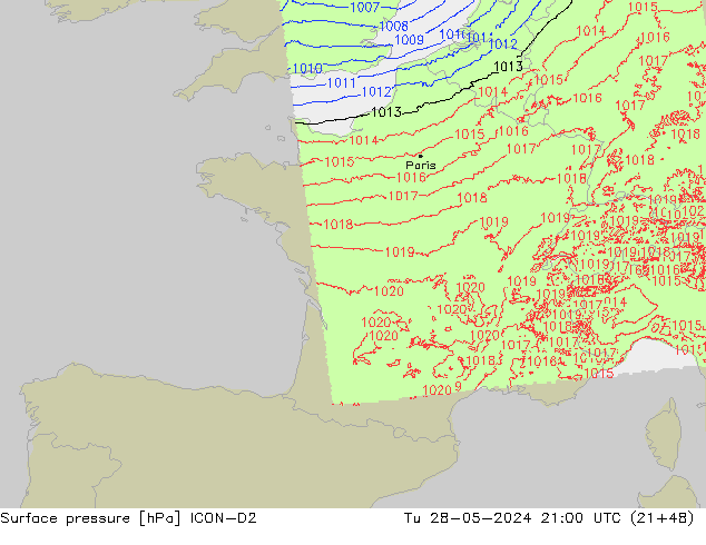 Presión superficial ICON-D2 mar 28.05.2024 21 UTC
