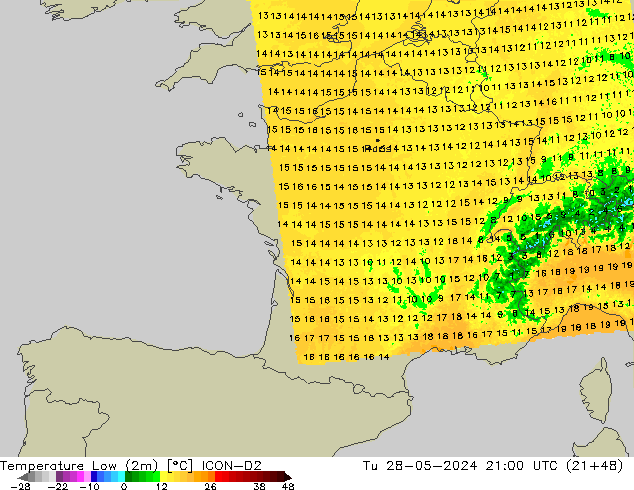 Temperature Low (2m) ICON-D2 Tu 28.05.2024 21 UTC