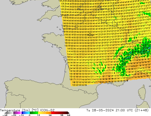 Temperatura (2m) ICON-D2 Ter 28.05.2024 21 UTC