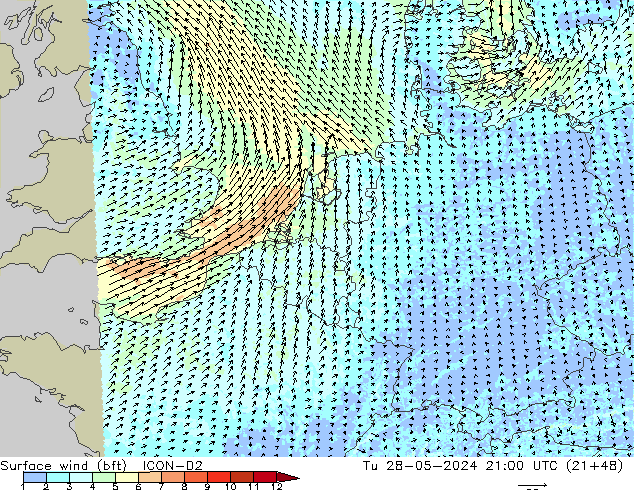 Rüzgar 10 m (bft) ICON-D2 Sa 28.05.2024 21 UTC
