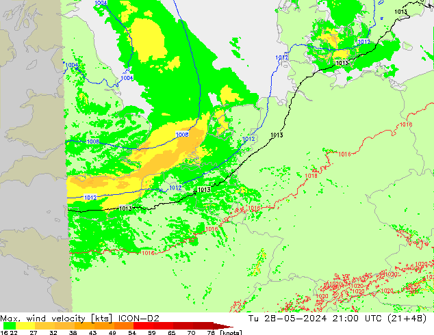 Max. wind velocity ICON-D2 Tu 28.05.2024 21 UTC