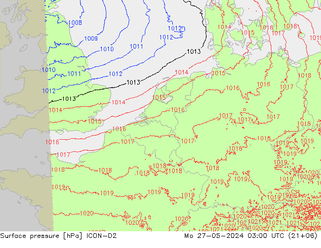 Atmosférický tlak ICON-D2 Po 27.05.2024 03 UTC