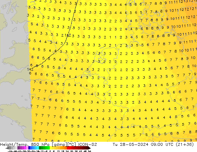 Height/Temp. 850 hPa ICON-D2 Di 28.05.2024 09 UTC