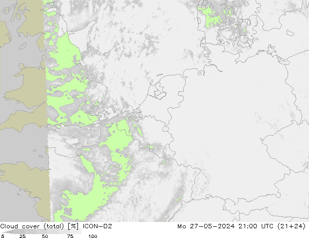 Cloud cover (total) ICON-D2 Mo 27.05.2024 21 UTC