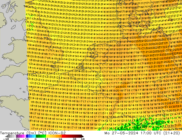 Temperatura (2m) ICON-D2 lun 27.05.2024 17 UTC