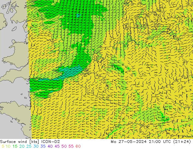 Vent 10 m ICON-D2 lun 27.05.2024 21 UTC