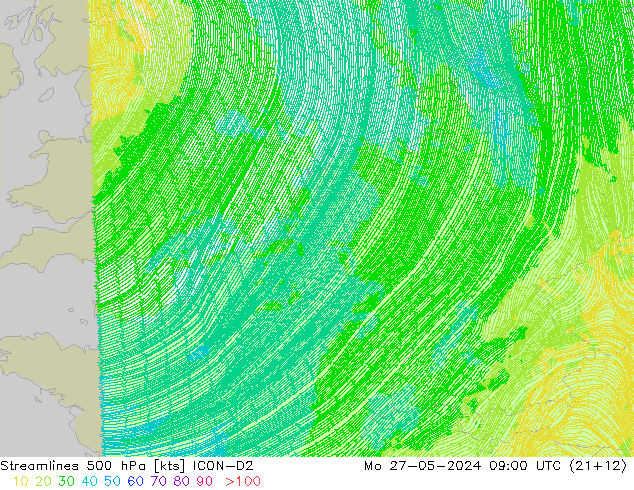 Streamlines 500 hPa ICON-D2 Po 27.05.2024 09 UTC