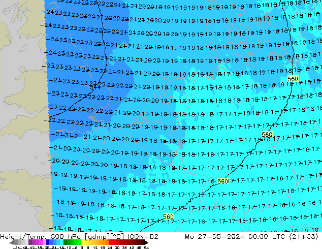 Height/Temp. 500 hPa ICON-D2 Mo 27.05.2024 00 UTC