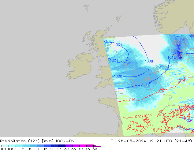 Precipitazione (12h) ICON-D2 mar 28.05.2024 21 UTC