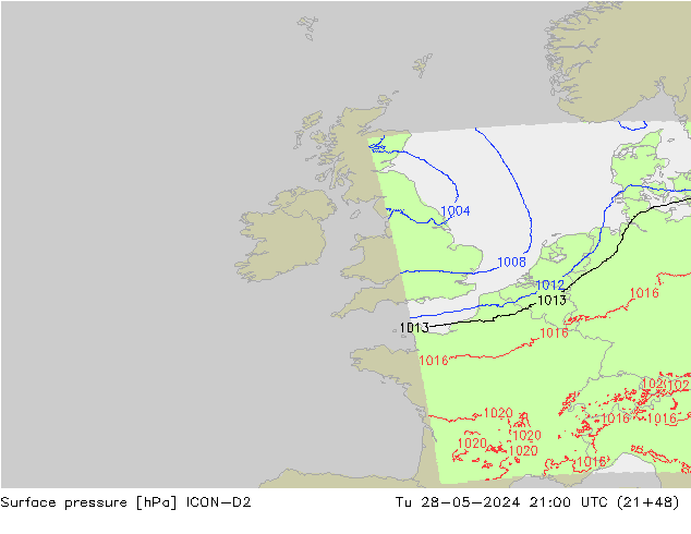 Presión superficial ICON-D2 mar 28.05.2024 21 UTC