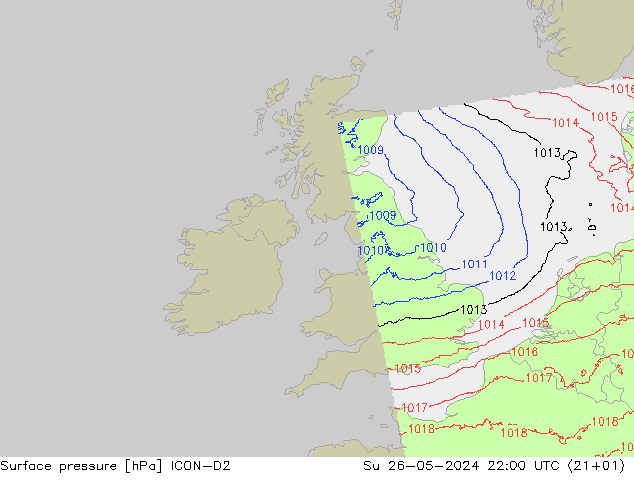 Atmosférický tlak ICON-D2 Ne 26.05.2024 22 UTC