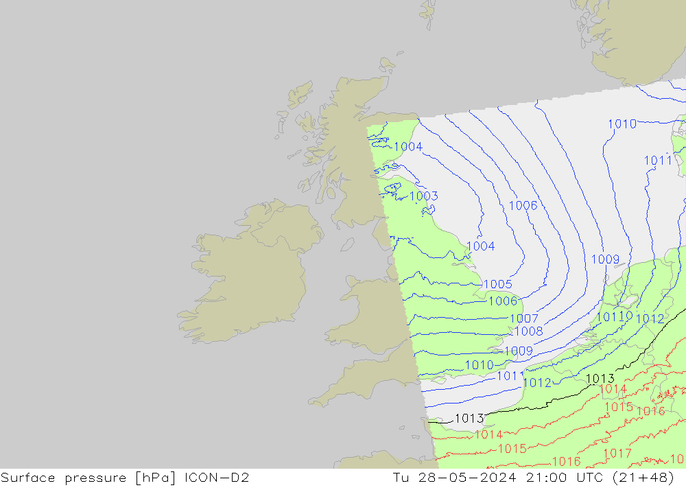 Presión superficial ICON-D2 mar 28.05.2024 21 UTC