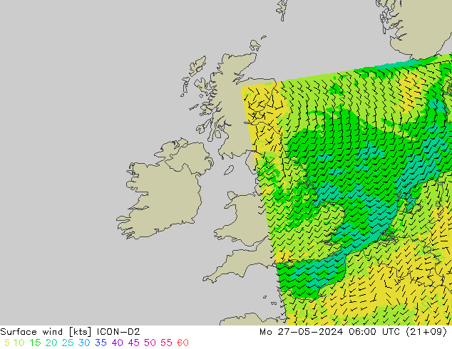 Rüzgar 10 m ICON-D2 Pzt 27.05.2024 06 UTC