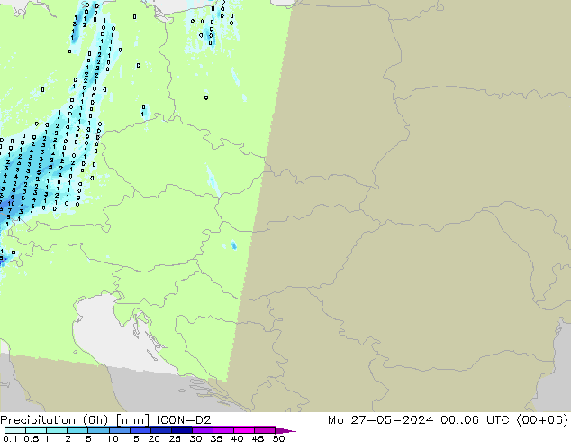 Precipitation (6h) ICON-D2 Mo 27.05.2024 06 UTC