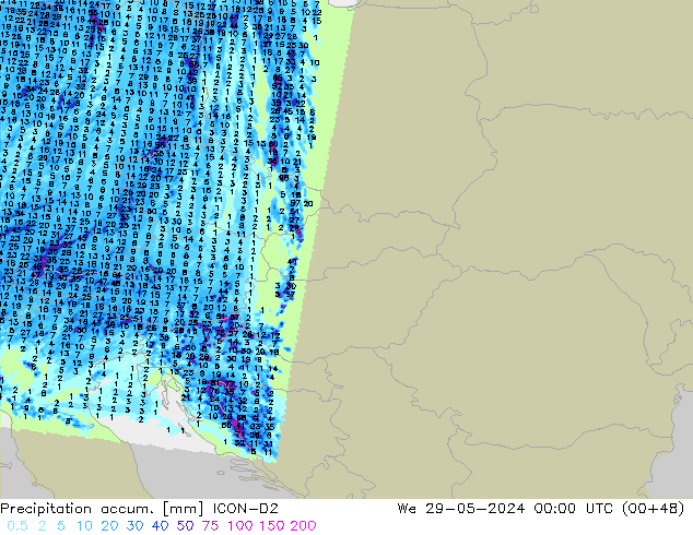 Precipitation accum. ICON-D2 mer 29.05.2024 00 UTC