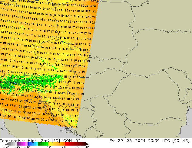 Max.temperatuur (2m) ICON-D2 wo 29.05.2024 00 UTC