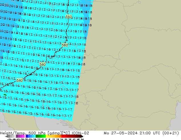 Height/Temp. 500 hPa ICON-D2 Po 27.05.2024 21 UTC