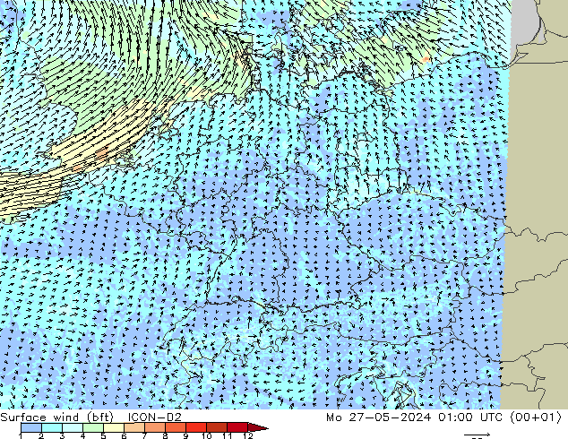 Rüzgar 10 m (bft) ICON-D2 Pzt 27.05.2024 01 UTC