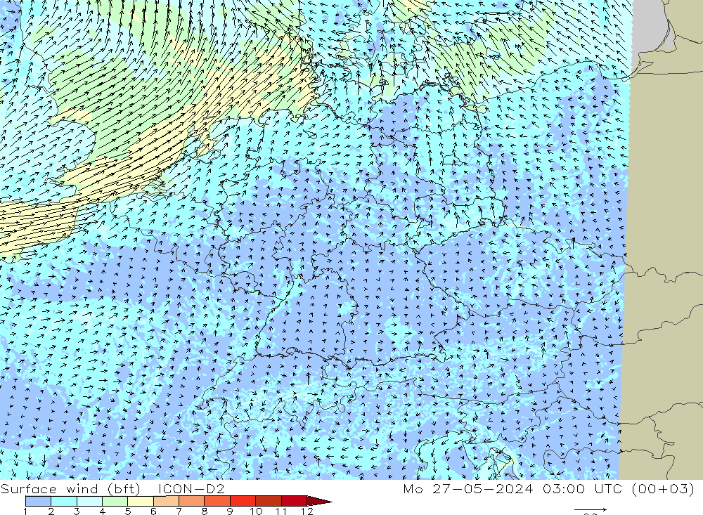 Surface wind (bft) ICON-D2 Mo 27.05.2024 03 UTC