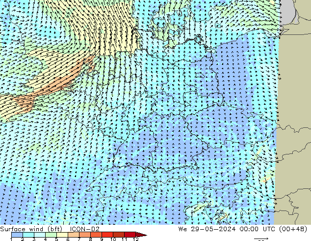 Surface wind (bft) ICON-D2 We 29.05.2024 00 UTC