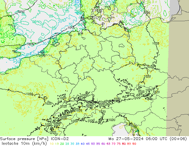 Eşrüzgar Hızları (km/sa) ICON-D2 Pzt 27.05.2024 06 UTC