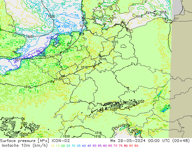 Isotachs (kph) ICON-D2 Qua 29.05.2024 00 UTC