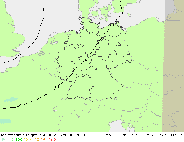 Jet stream/Height 300 hPa ICON-D2 Mo 27.05.2024 01 UTC