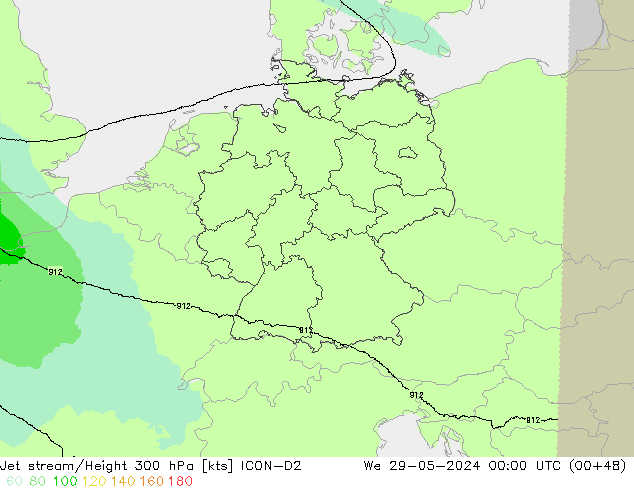 Jet stream/Height 300 hPa ICON-D2 St 29.05.2024 00 UTC