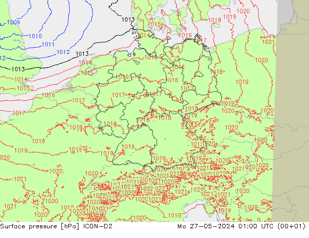 Surface pressure ICON-D2 Mo 27.05.2024 01 UTC