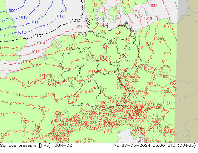 Surface pressure ICON-D2 Mo 27.05.2024 03 UTC