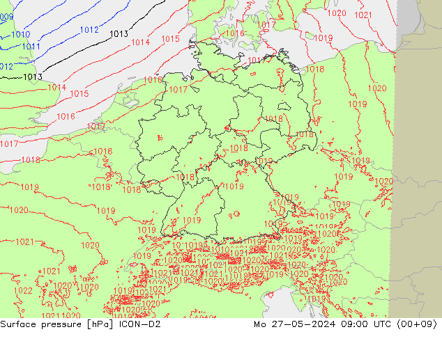 Pressione al suolo ICON-D2 lun 27.05.2024 09 UTC