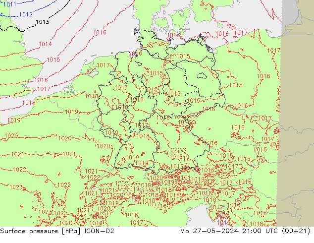 Pressione al suolo ICON-D2 lun 27.05.2024 21 UTC