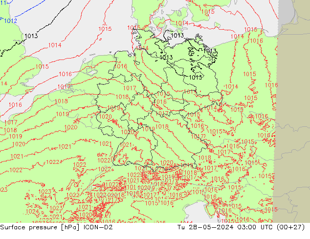 Surface pressure ICON-D2 Tu 28.05.2024 03 UTC