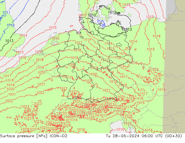 Surface pressure ICON-D2 Tu 28.05.2024 06 UTC