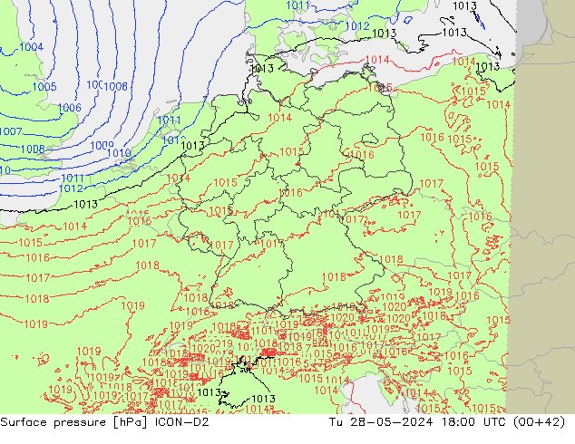 Pressione al suolo ICON-D2 mar 28.05.2024 18 UTC