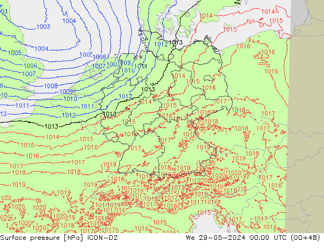 Surface pressure ICON-D2 We 29.05.2024 00 UTC