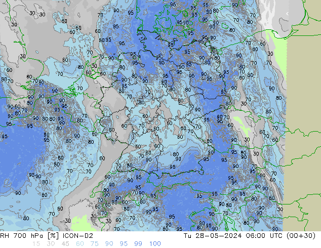 Humedad rel. 700hPa ICON-D2 mar 28.05.2024 06 UTC