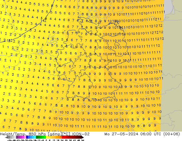 Geop./Temp. 850 hPa ICON-D2 lun 27.05.2024 06 UTC