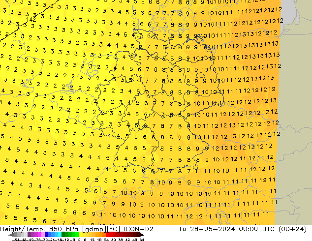 Height/Temp. 850 hPa ICON-D2 mar 28.05.2024 00 UTC